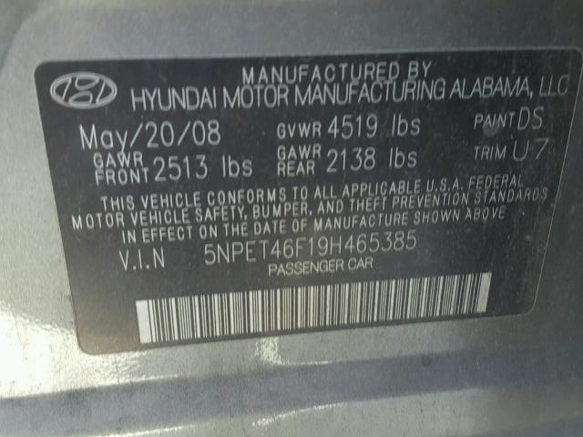 5NPET46F19H465385 - 2009 HYUNDAI SONATA GLS GRAY photo 10