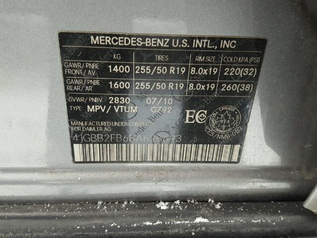 4JGBB2FB6BA628693 - 2011 MERCEDES-BENZ ML 350 BLU GRAY photo 10