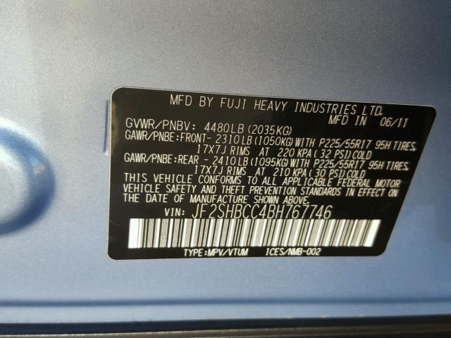 JF2SHBCC4BH767746 - 2011 SUBARU FORESTER 2 BLUE photo 10