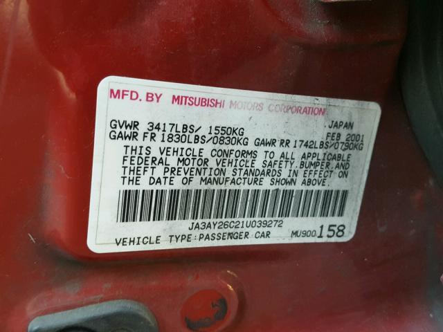 JA3AY26C21U039272 - 2001 MITSUBISHI MIRAGE ES RED photo 10