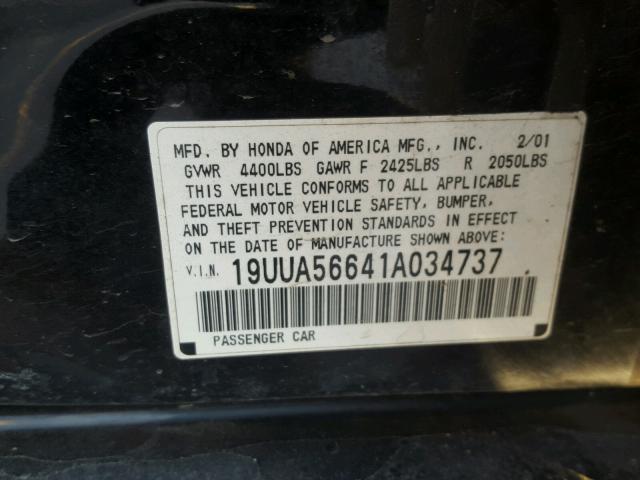 19UUA56641A034737 - 2001 ACURA 3.2TL BLACK photo 10