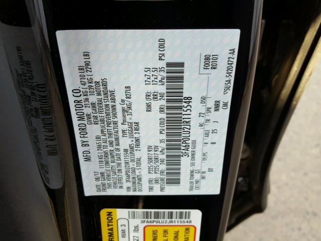 3FA6P0LU2JR115548 - 2018 FORD FUSION SE BLACK photo 10