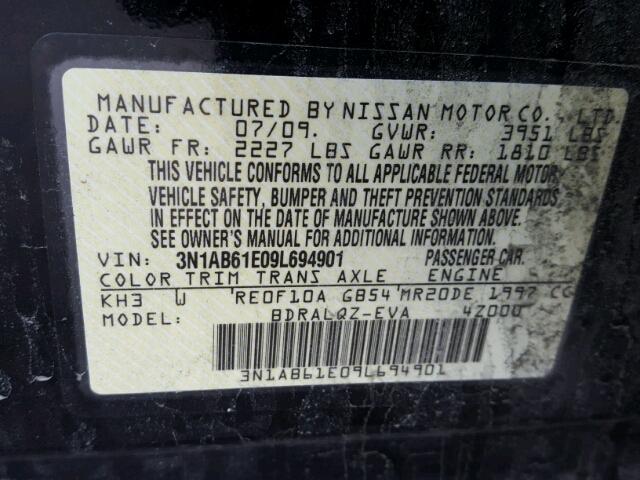 3N1AB61E09L694901 - 2009 NISSAN SENTRA 2.0 BLACK photo 10