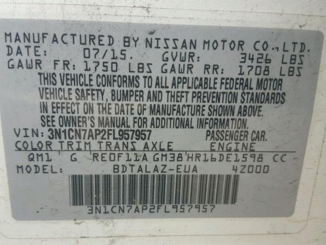 3N1CN7AP2FL957957 - 2015 NISSAN VERSA S WHITE photo 10