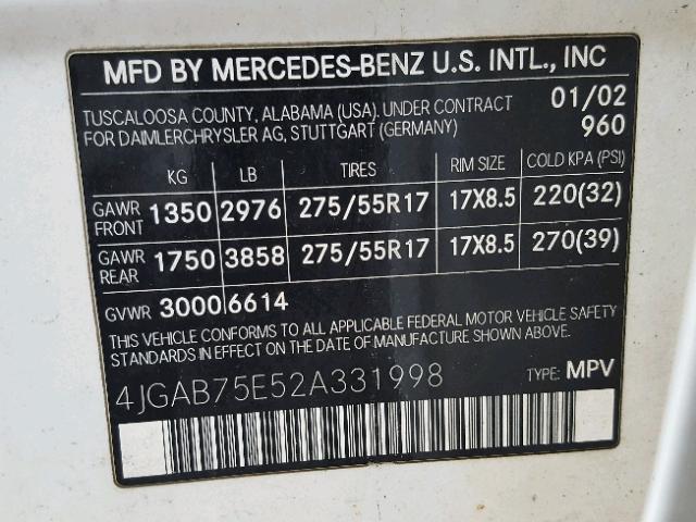 4JGAB75E52A331998 - 2002 MERCEDES-BENZ ML 500 WHITE photo 10