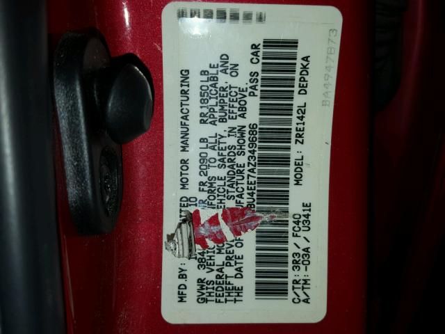 1NXBU4EE7AZ349686 - 2010 TOYOTA COROLLA BA RED photo 10