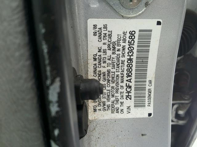 2HGFA16889H301586 - 2009 HONDA CIVIC EX 银色 照片 10