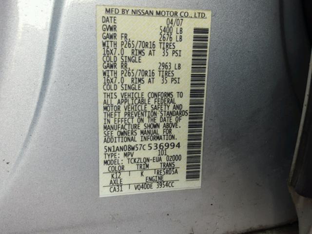 5N1AN08W57C536994 - 2007 NISSAN XTERRA OFF SILVER photo 10