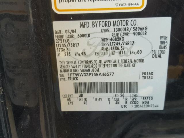 1FTWW33P15EA46577 - 2005 FORD F350 SUPER BLACK photo 10