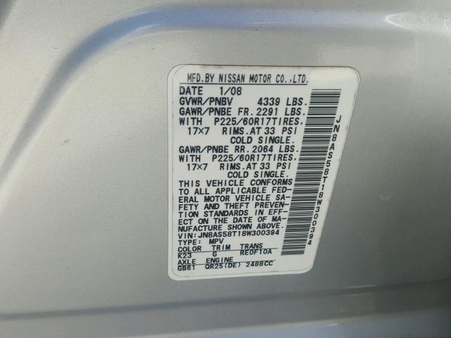 JN8AS58T18W300394 - 2008 NISSAN ROGUE S SILVER photo 10