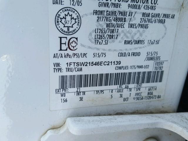 1FTSW21546EC21139 - 2006 FORD F250 SUPER WHITE photo 10