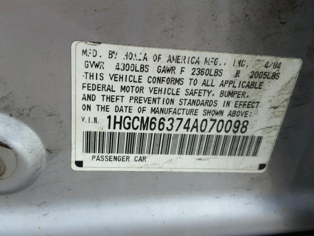 1HGCM66374A070098 - 2004 HONDA ACCORD LX SILVER photo 10