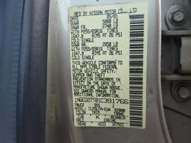 1N6ED27T01C391766 - 2001 NISSAN FRONTIER C GRAY photo 10