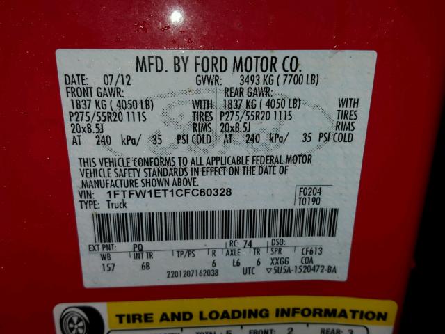 1FTFW1ET1CFC60328 - 2012 FORD F150 SUPER RED photo 10