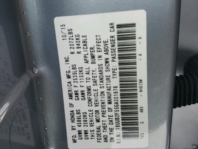 19UUB2F55GA001676 - 2016 ACURA TLX TECH SILVER photo 10