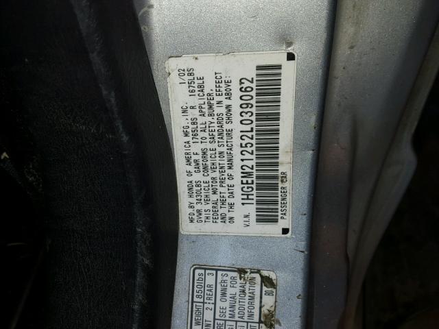 1HGEM21252L039062 - 2002 HONDA CIVIC DX SILVER photo 10