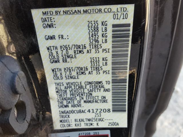 1N6AD0CU8AC417208 - 2010 NISSAN FRONTIER K BLACK photo 10