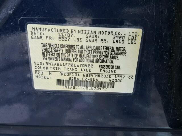 3N1AB61E28L670422 - 2008 NISSAN SENTRA 2.0 BLUE photo 10