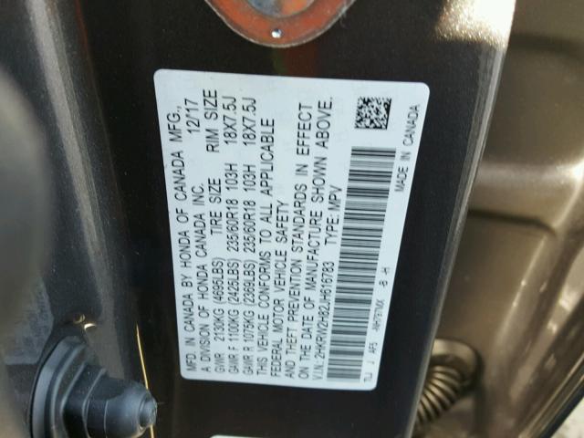 2HKRW2H82JH616783 - 2018 HONDA CR-V EXL GRAY photo 10