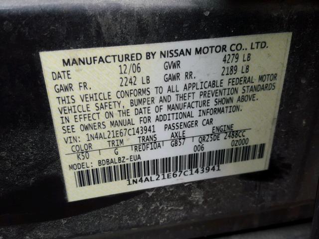 1N4AL21E67C143941 - 2007 NISSAN ALTIMA 2.5 GRAY photo 10