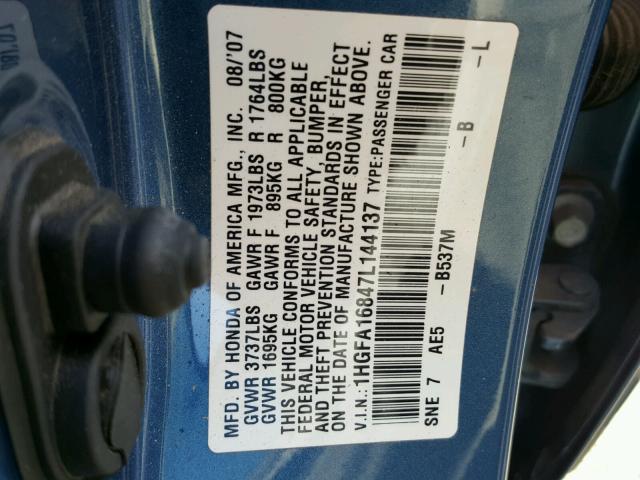 1HGFA16847L144137 - 2007 HONDA CIVIC EX ლურჯი ფოტო 10