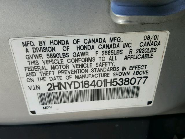 2HNYD18401H538077 - 2001 ACURA MDX SILVER photo 10