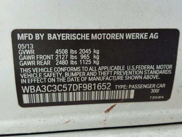 WBA3C3C57DF981652 - 2013 BMW 320 I WHITE photo 10