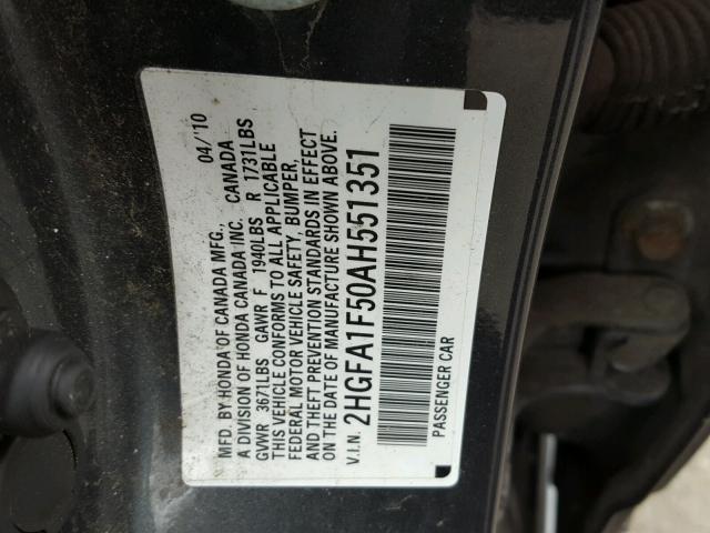 2HGFA1F50AH551351 - 2010 HONDA CIVIC LX GRAY photo 10