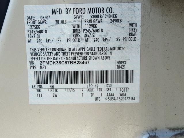 2FMDK38C67BB28467 - 2007 FORD EDGE SEL WHITE photo 10