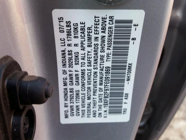 19XFB2F97FE091869 - 2015 HONDA CIVIC EXL 银色 照片 10