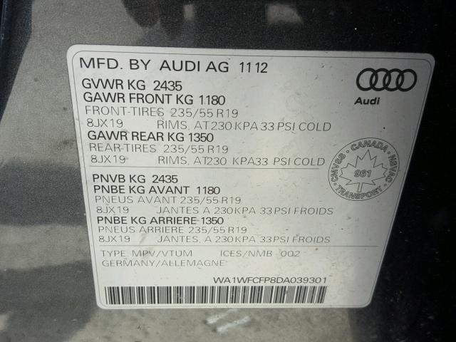 WA1WFCFP8DA039301 - 2013 AUDI Q5 PRESTIG CHARCOAL photo 10