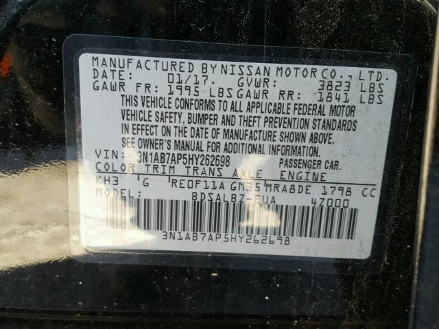 3N1AB7AP5HY262698 - 2017 NISSAN SENTRA BLACK photo 10