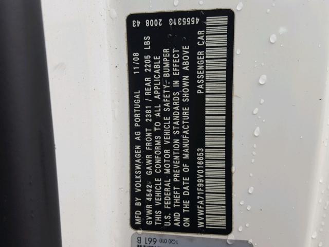 WVWFA71F99V016653 - 2009 VOLKSWAGEN EOS LUX WHITE photo 10