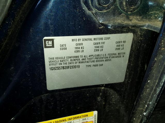 1G8ZS57B28F233919 - 2008 SATURN AURA XE BLUE photo 10