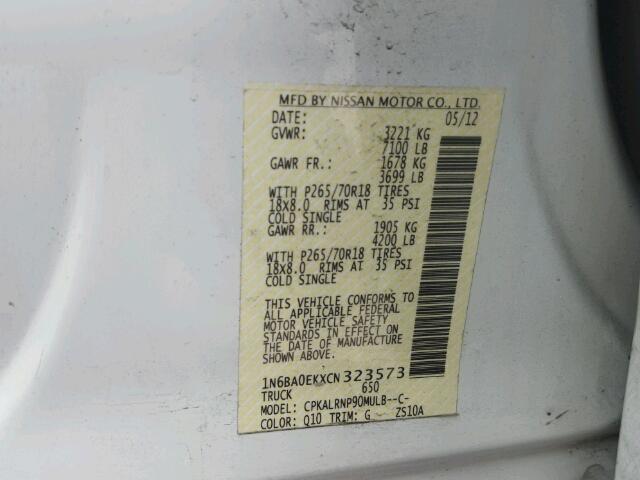 1N6BA0EKXCN323573 - 2012 NISSAN TITAN S WHITE photo 10