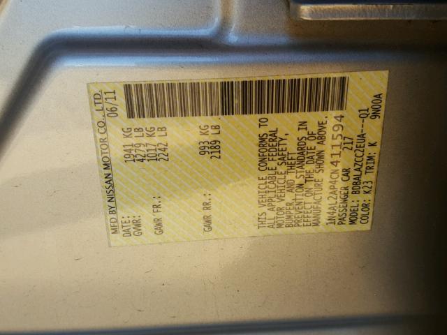 1N4AL2AP4CN411594 - 2012 NISSAN ALTIMA BAS SILVER photo 10