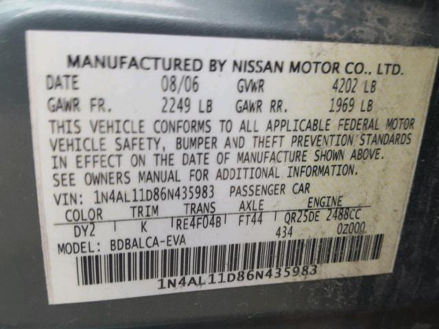 1N4AL11D86N435983 - 2006 NISSAN ALTIMA S GREEN photo 10