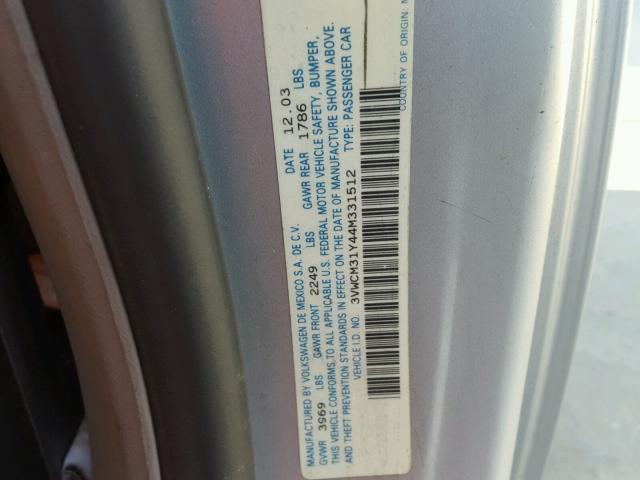 3VWCM31Y44M331512 - 2004 VOLKSWAGEN NEW BEETLE 银色 照片 10