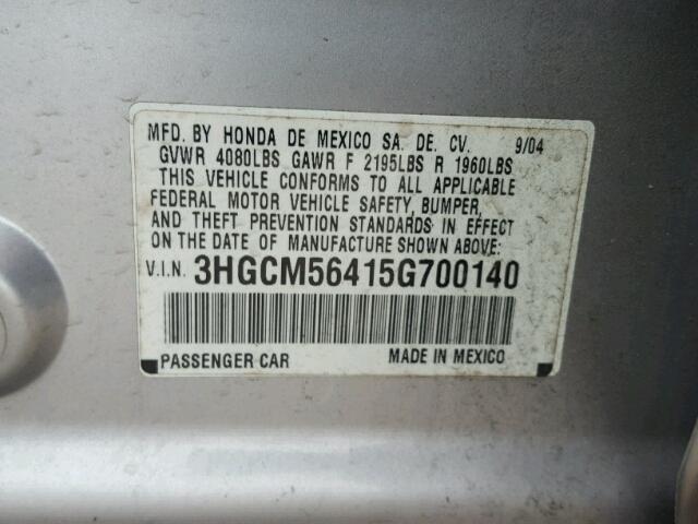 3HGCM56415G700140 - 2005 HONDA ACCORD LX SILVER photo 10