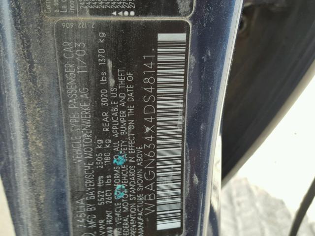 WBAGN634X4DS48141 - 2004 BMW 745 LI BLUE photo 10