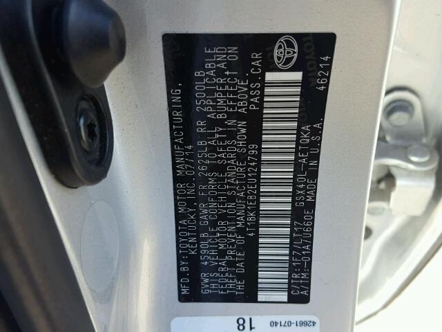 4T1BK1EB2EU124799 - 2014 TOYOTA AVALON BAS SILVER photo 10