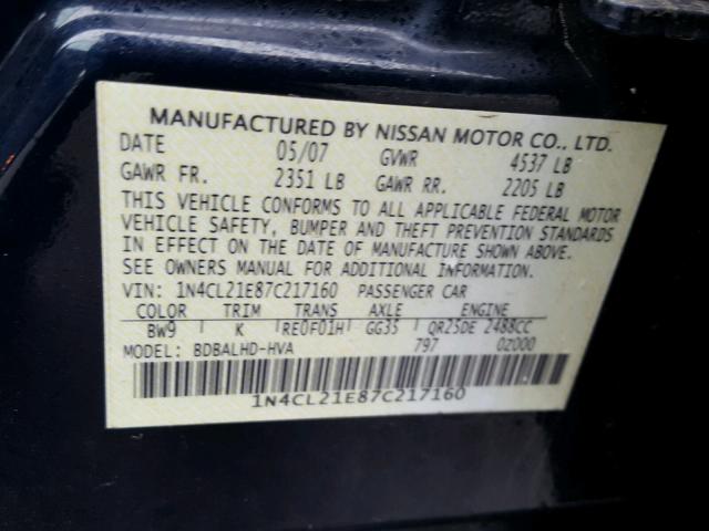 1N4CL21E87C217160 - 2007 NISSAN ALTIMA HYB BLUE photo 10