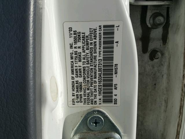 1HGES16334L007313 - 2004 HONDA CIVIC DX V WHITE photo 10