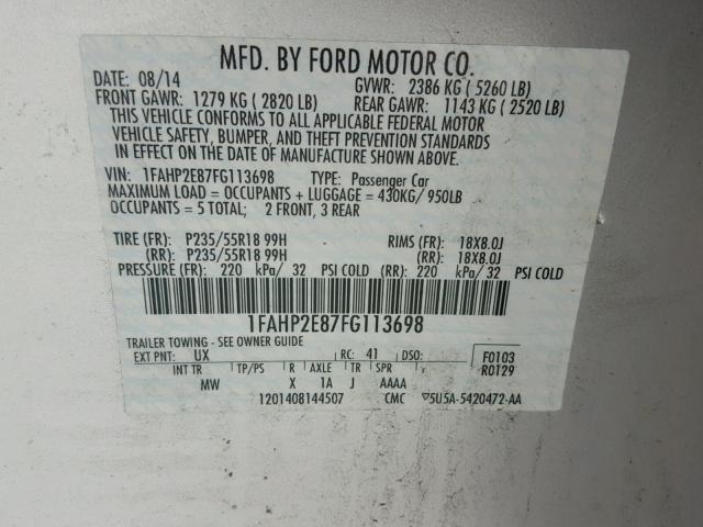 1FAHP2E87FG113698 - 2015 FORD TAURUS SEL SILVER photo 10