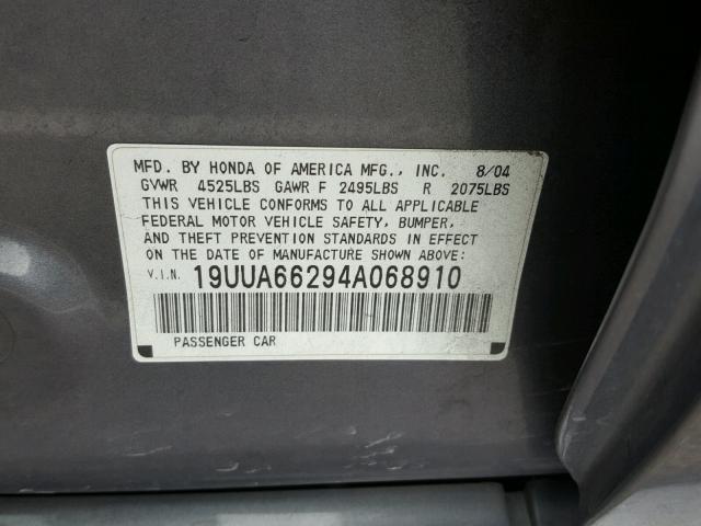 19UUA66294A068910 - 2004 ACURA TL GRAY photo 10