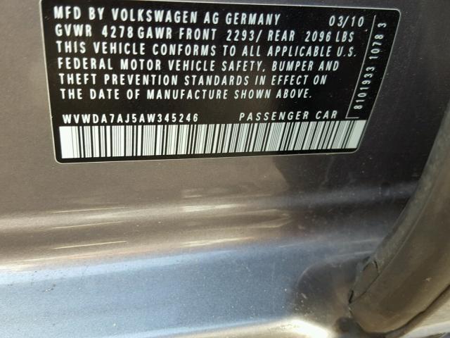 WVWDA7AJ5AW345246 - 2010 VOLKSWAGEN GOLF GRAY photo 10