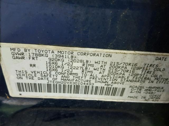 JTEGH20VX30104493 - 2003 TOYOTA RAV4 BLUE photo 10