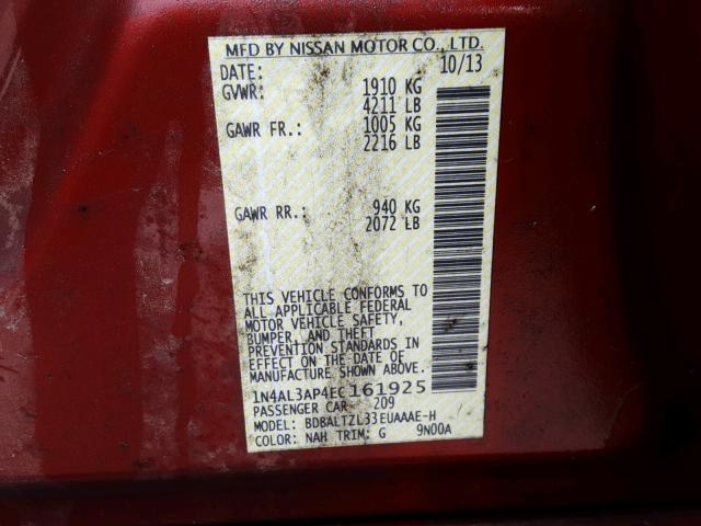 1N4AL3AP4EC161925 - 2014 NISSAN ALTIMA 2.5 MAROON photo 10