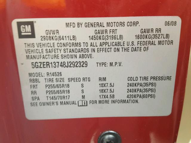 5GZER13748J292329 - 2008 SATURN OUTLOOK XE RED photo 10