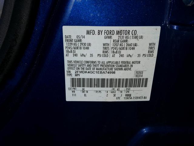 2FMDK4GC1EBA74998 - 2014 FORD EDGE SE BLUE photo 10